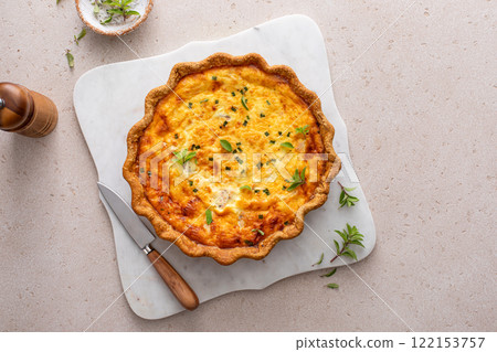 Salmon and cheese quiche freshly baked for breakfast Salmon and cheese quiche freshly baked for breakfast 122153757