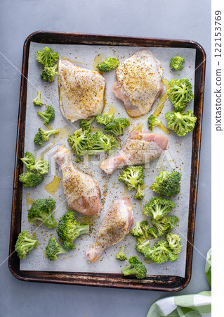 Chicken drumsticks and thighs with broccoli sheet pan dinner or lunch Chicken drumsticks and thighs with broccoli sheet pan dinner or lunch 122153769