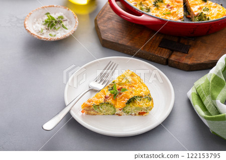 Healthy frittata or quiche with broccoli and red pepper cooked in a cast iron pan, slice on a plate Healthy frittata or quiche with broccoli and red pepper cooked in a cast iron pan, slice on a plate 122153795