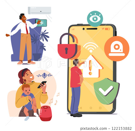 People using AI voice assistant, wi-fi technology and iot equipment to control smart home features 122153882