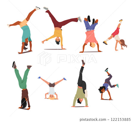 Adults and children cartoon characters breakdancing, making cartwheel standing upside down set Adults and children cartoon characters breakdancing, making cartwheel standing upside down set 122153885