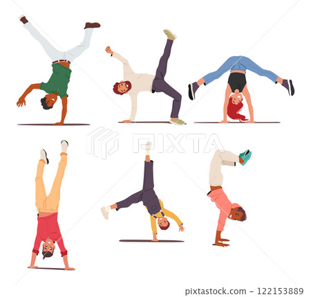 Different diverse young people active cartoon characters standing upside down in various position 122153889