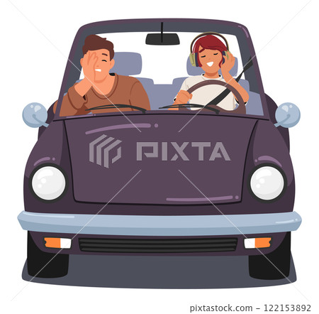 Couple car travelers while girlfriends driving listening music in headphones and irritated boyfriend Couple car travelers while girlfriends driving listening music in headphones and irritated boyfriend 122153892