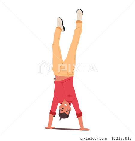 Trendy fashion guy happy cartoon character demonstrating handstand balancing body upside down 122153915