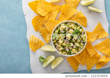 Pineapple salsa with cilantro, jalapeno and red onion served with corn tortilla chips 122153959