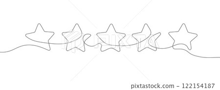 Continuous line illustration of a five-star rating, representing evaluation and product review. 122154187