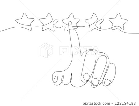 Continuous line vector illustration depicting five stars and a human hand clicking on the stars, symbolizing a product rating and review. Continuous line vector illustration depicting five stars and a human hand clicking on the stars, symbolizing a product rating and review. 122154188