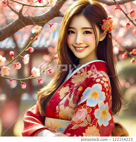 我畫了一個穿著華麗的紅金日式服裝的女人,在盛開的梅樹下微笑。 我畫了一個穿著華麗的紅金日式服裝的女人,在盛開的梅樹下微笑。 122154223