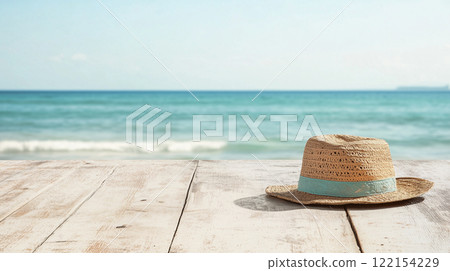 Straw hat on wooden deck overlooking tranquil ocean. Summer banner with empty space, vacation and travel theme 122154229