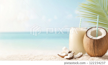 Tropical beach background with coconut drink, palm leaves, blurred ocean and ample empty space 122154237