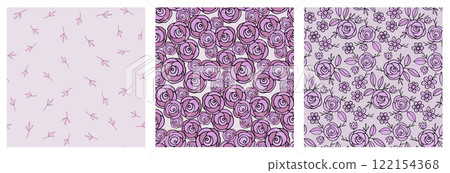 Seamless vector pattern set with pink roses, blue flowers, yellow daisies, and green leaves on a light beige background. Perfect for romantic, floral, and decorative designs Seamless vector pattern set with pink roses, blue flowers, yellow daisies, and green leaves on a light beige background. Perfect for romantic, floral, and decorative designs 122154368