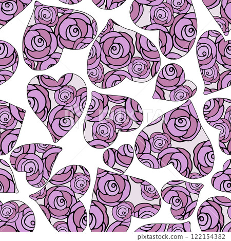 Seamless vector pattern with heart shapes featuring pink roses, blue flowers, yellow daisies, and green leaves on a light beige background. Perfect for romantic, floral, and decorative designs 122154382