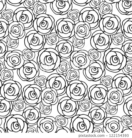 A delicate, repeating pattern featuring small black roses on a pristine white background. Ideal for creating an elegant and minimalist aesthetic 122154393