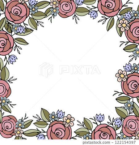 Floral square frame with pink roses, blue flowers, yellow daisies, and green leaves on a white background. Ideal for invitations, greeting cards, and decorative designs Floral square frame with pink roses, blue flowers, yellow daisies, and green leaves on a white background. Ideal for invitations, greeting cards, and decorative designs 122154397