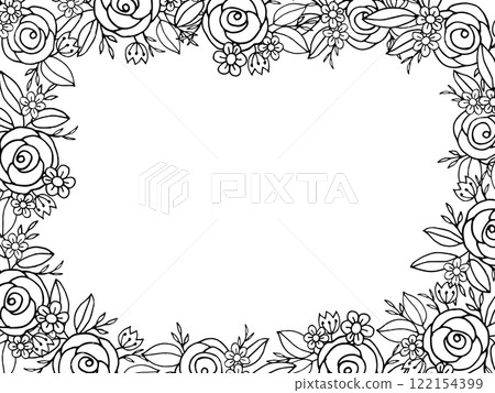 Doodle flower Hand drawn floral square frame featuring roses, daisies, and leaves in monochrome. Perfect for coloring pages, invitations, and minimalist designs. 122154399