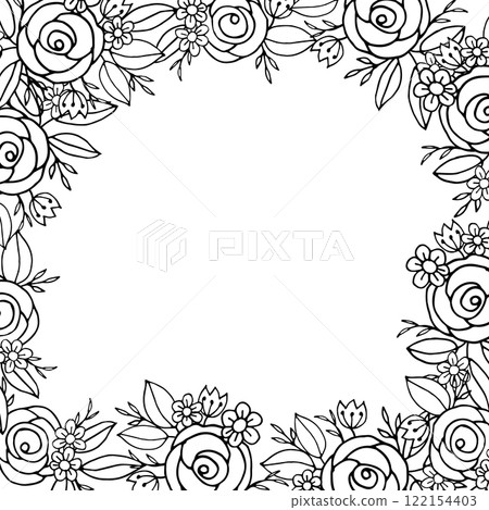 Doodle flower Hand drawn floral square frame featuring roses, daisies, and leaves in monochrome. Perfect for coloring pages, invitations, and minimalist designs. Doodle flower Hand drawn floral square frame featuring roses, daisies, and leaves in monochrome. Perfect for coloring pages, invitations, and minimalist designs. 122154403
