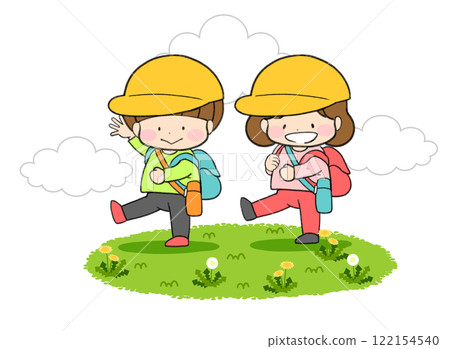 Illustration of a group of people walking side by side through the fields on a field trip 122154540