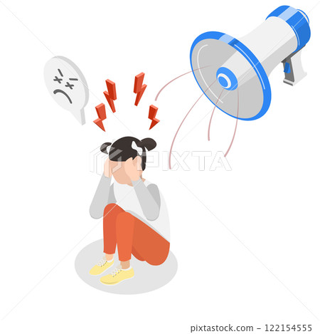 3D Isometric Flat  Illustration of Symptom Of Autism Spectrum Disorder, Discomfort and Distress in Noisy Environment 122154555