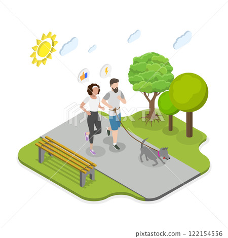 3D Isometric Flat  Illustration of Jogging Together, Couple and Dog Running in Park in Sportswear 122154556