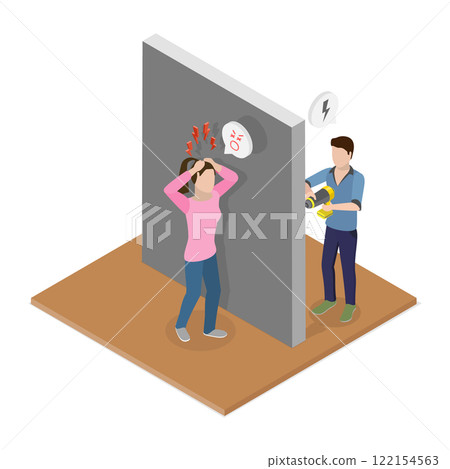 3D Isometric Flat  Illustration of Loud Neighbor, Woman Irritated by Noisy Neighbors Home Repairs 122154563