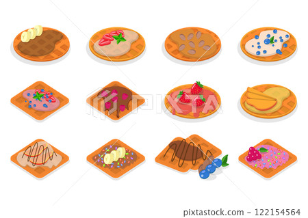 3D Isometric Flat Illustration of Homemade Pastry, Assorted Belgian Waffles with Fresh Berries, Cream, and Icecream 3D Isometric Flat Illustration of Homemade Pastry, Assorted Belgian Waffles with Fresh Berries, Cream, and Icecream 122154564