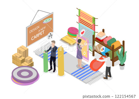 3D Isometric Flat  Illustration of Textile Shop, Manufacture, Sale of Carpets and Materials 122154567