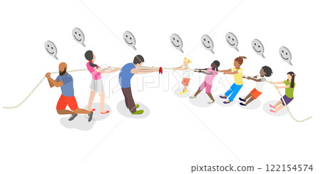 3D Isometric Flat  Illustration of Family Competition, Kids and Adults Compete Test Strength and Teamwork 122154574