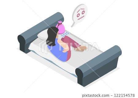 3D Isometric Flat  Illustration of Period Pain, Suffering Menstrual Abdominal Pain 122154578