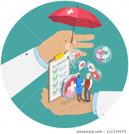 3D Isometric Flat  Illustration of Insurance Plan For Senior , Medicine and Healthcare for Eldery 122154579