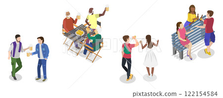 3D Isometric Flat Illustration of People Enjoy Beer, Refreshing and Sociable Qualities of the Drink 3D Isometric Flat Illustration of People Enjoy Beer, Refreshing and Sociable Qualities of the Drink 122154584