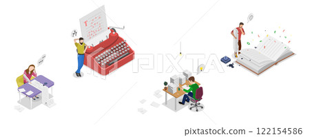 3D Isometric Flat Illustration of Writers Or Poets , Literature as Hobby or Profession 3D Isometric Flat Illustration of Writers Or Poets , Literature as Hobby or Profession 122154586