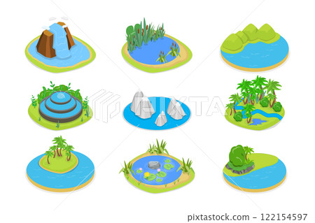 3D Isometric Flat Set of Natural Water Landscape , River, Waterfall, Pond, and Fountain 3D Isometric Flat Set of Natural Water Landscape , River, Waterfall, Pond, and Fountain 122154597