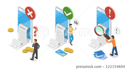 3D Isometric Flat Illustration of Bank Payment Receipt, Success and Error Status Check 3D Isometric Flat Illustration of Bank Payment Receipt, Success and Error Status Check 122154604