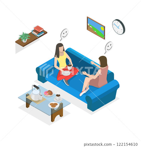 3D Isometric Flat  Illustration of Friends Conversation, Chattering and Laughing with Drinks on Sofa 122154610