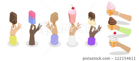 3D Isometric Flat  Set of Hands Holding Ice Creams, Food To-go, Cold Frozen Summer Dessert 122154611