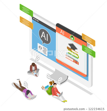 3D Isometric Flat Illustration of AI Helper Bot Education, Students Engaging in E-Learning with Education Assistant 3D Isometric Flat Illustration of AI Helper Bot Education, Students Engaging in E-Learning with Education Assistant 122154615