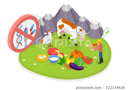 3D Isometric Flat  Illustration of Organic Farming, Products Without Antibiotics, Hormones, or GMO Ingredients 122154626
