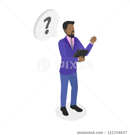 3D Isometric Flat Illustration of Office Worker, Man Thinks While Holding Clipboard and Pen 3D Isometric Flat Illustration of Office Worker, Man Thinks While Holding Clipboard and Pen 122154637