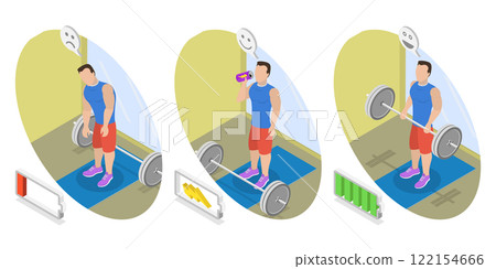 3D Isometric Flat  Illustration of Increas Training Power And Productivity , Beverage for Strength and Energy Boost 122154666
