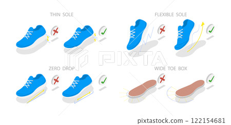 3D Isometric Flat  Illustration of Barefoot Shoes Advantages, Healthy Feet 122154681