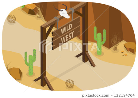 3D Isometric Flat  Illustration of Wild West Composition, Cacti, Trees and Wooden Gates 122154704
