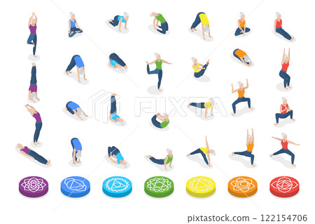 3D Isometric Flat  Illustration of Chakra Systems , Collection of Yoga Poses for Women 122154706