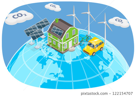 3D Isometric Flat Illustration of Sustainable Environment, Reducing CO2 Emissions 3D Isometric Flat Illustration of Sustainable Environment, Reducing CO2 Emissions 122154707