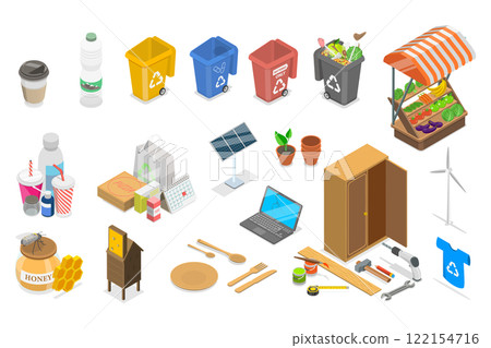 3D Isometric Flat  Illustration of Zero Waste Objects Collection, Eco-Friendly Products 122154716