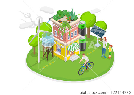 3D Isometric Flat  Illustration of Green Energy Initiatives, Ecological House 122154720