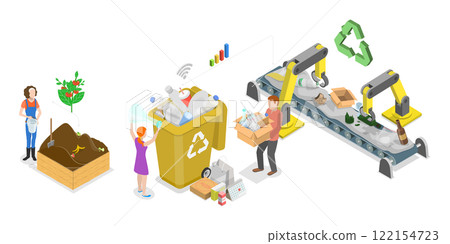 3D Isometric Flat  Illustration of Garbage Management, Efficient Waste Recycling for Eco Future 122154723