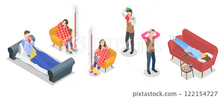 3D Isometric Flat Illustration of Diverse Unhealthy People, Charecters Suffering from Flu and Fever with Cough and Sneeze 3D Isometric Flat Illustration of Diverse Unhealthy People, Charecters Suffering from Flu and Fever with Cough and Sneeze 122154727