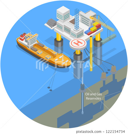 3D Isometric Flat Illustration of Ocean Drilling, Scene Oil Extraction 3D Isometric Flat Illustration of Ocean Drilling, Scene Oil Extraction 122154734