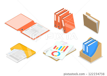 3D Isometric Flat Set of Folders With Files, Business Paperwork 3D Isometric Flat Set of Folders With Files, Business Paperwork 122154738