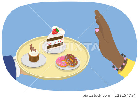 3D Isometric Flat  Illustration of Stop Eating Unhealthy Food, Rejection of Junk Treats 122154754